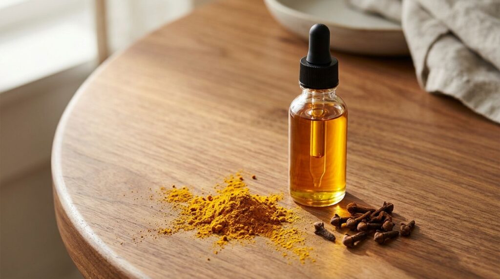 A small glass dropper bottle filled with golden infused oil next to a few whole cloves and a pinch of turmeric powder al