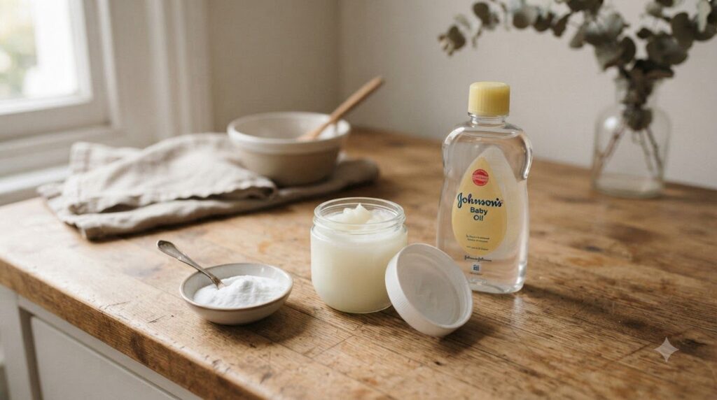 Ingredients laid out a small bowl of Vaseline a bottle of baby oil and a small pile of baking soda ready for mixing in a