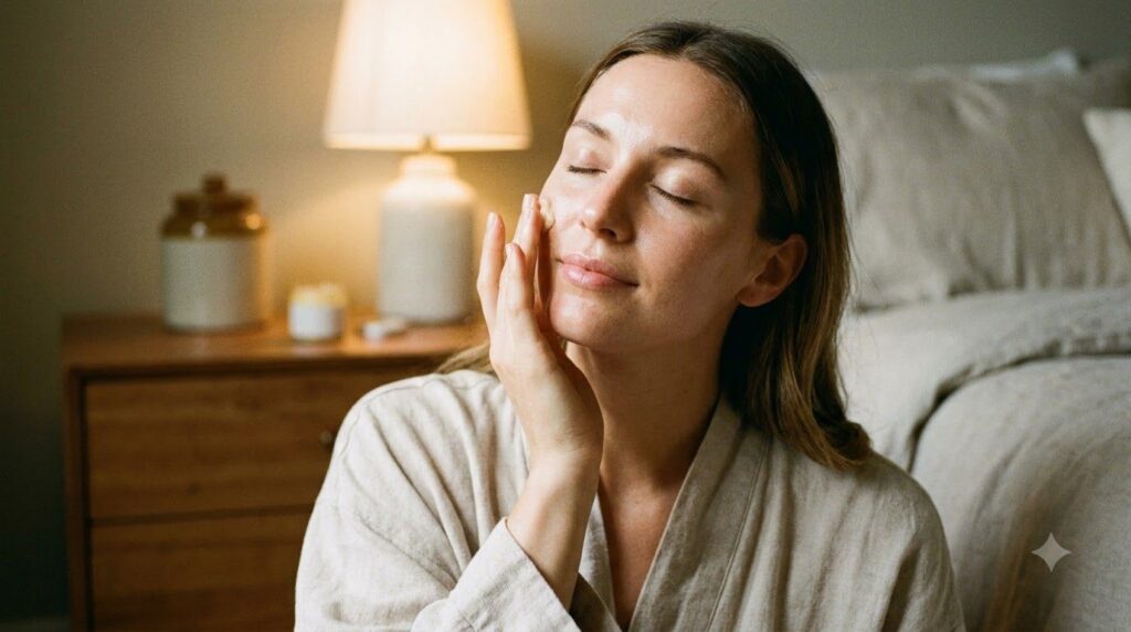 A woman gently applying the homemade balm to her clean face before bed her eyes closed in a moment of self-care The scen