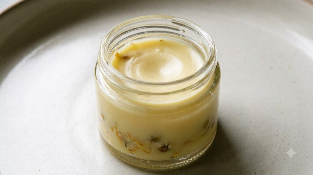A small clear glass jar filled with the freshly made homemade beauty balm The balm has a smooth creamy texture and a lig