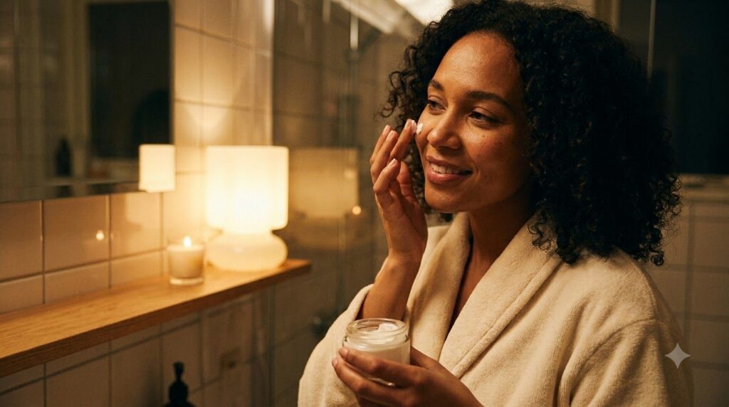 Woman gently applying the Vaseline Aloe and Vitamin E balm to her face at night