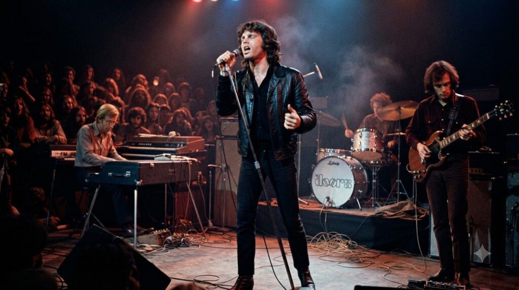 A color photo of The Doors performing live on stage in the 1960s with Jim Morrison at the microphone