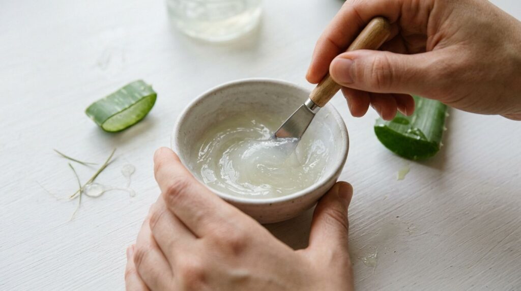 Hands mixing Vaseline with fresh aloe vera gel in a small ceramic bowl using a mini spatula The ingredients are well com
