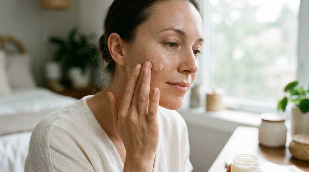 A woman gently applying a small amount of the Vaseline and Vitamin E oil balm to her cheek demonstrating a soft circular