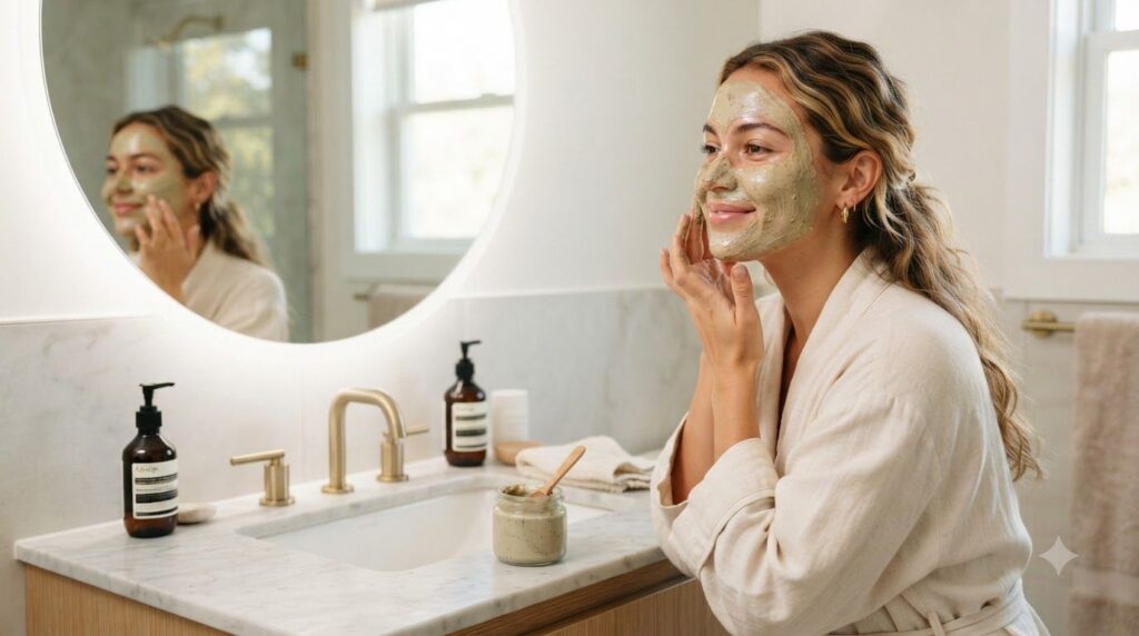 A woman gently applying a homemade face mask to her clean face looking into a mirror with a soft content expression in a