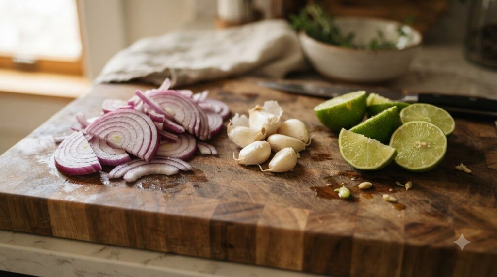 Close-up of freshly sliced onions garlic and limes on a wooden cutting board ready for preparation