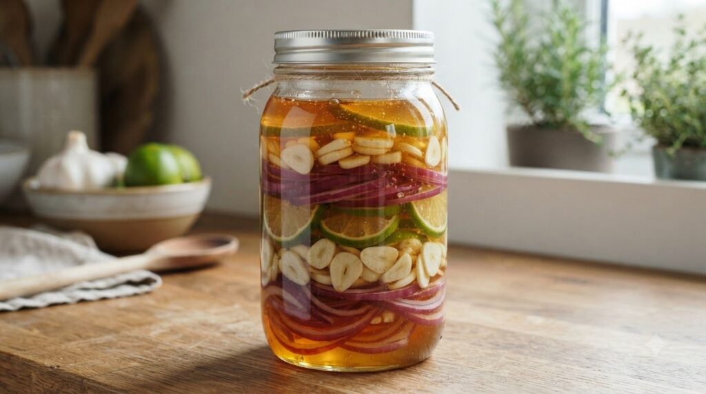 A close-up of a glass jar filled with layers of sliced onions garlic and limes submerged in golden honey