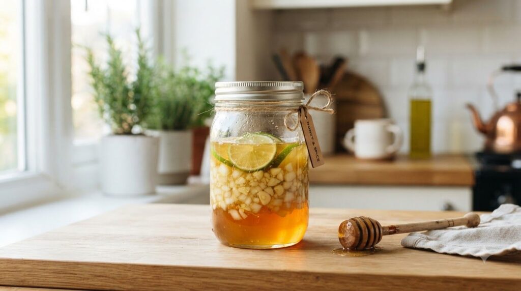 A beautiful glass jar filled with the golden honey onion garlic and lime remedy ready to be consumed