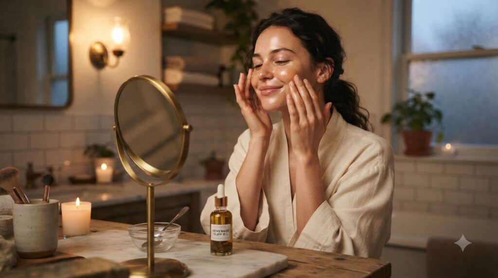 A woman gently massaging a few drops of homemade oil onto her clean face with a serene expression under soft warm lighti