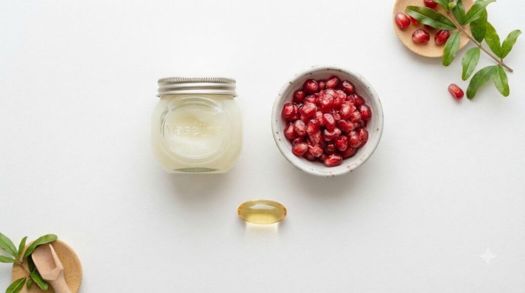 All ingredients for the pomegranate night balm laid out a jar of Vaseline a small bowl of crushed pomegranate seeds and 
