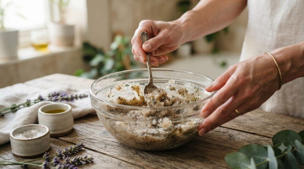 A woman s hands mixing the DIY paste ingredients in a bowl with a small spoon showing the texture of the scrub