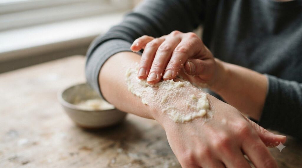 A person s hands applying the DIY potato and toothpaste paste gently massaging it into their skin showing the paste on t