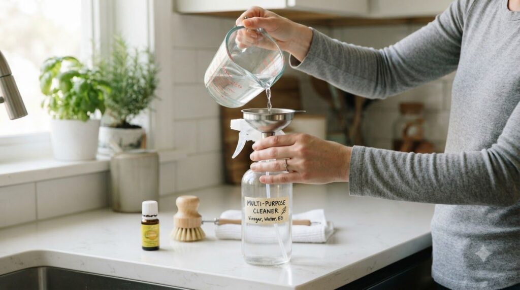 Hands pouring the mixed clear liquid solution into a spray bottle using a funnel with a label ready