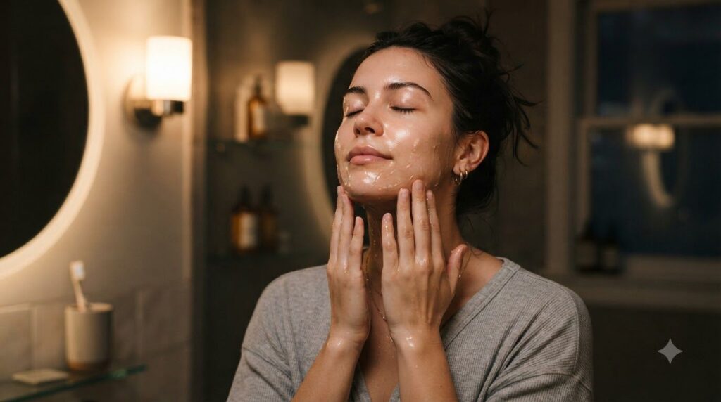 A woman gently massaging a clear gel onto her face and neck with upward strokes in a soft glowing bathroom light