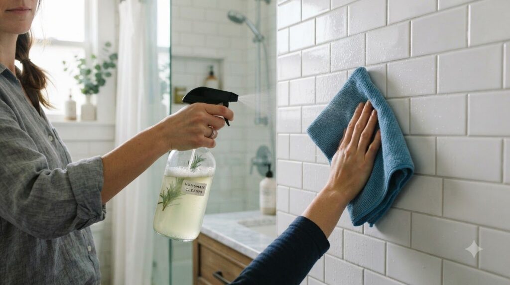 A hand spraying the homemade cleaner onto a tiled wall and wiping it with a blue microfiber cloth demonstrating use