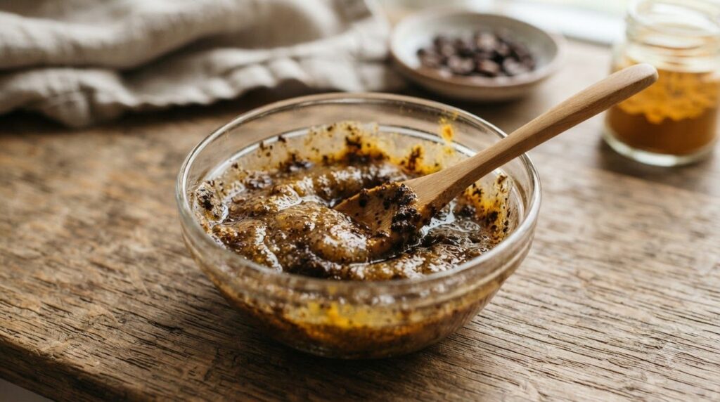 Close-up of a small glass bowl with the mixed Vaseline honey baby oil coffee and turmeric blend