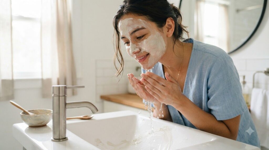 A woman gently rinsing off a homemade face mask from her face over a sink