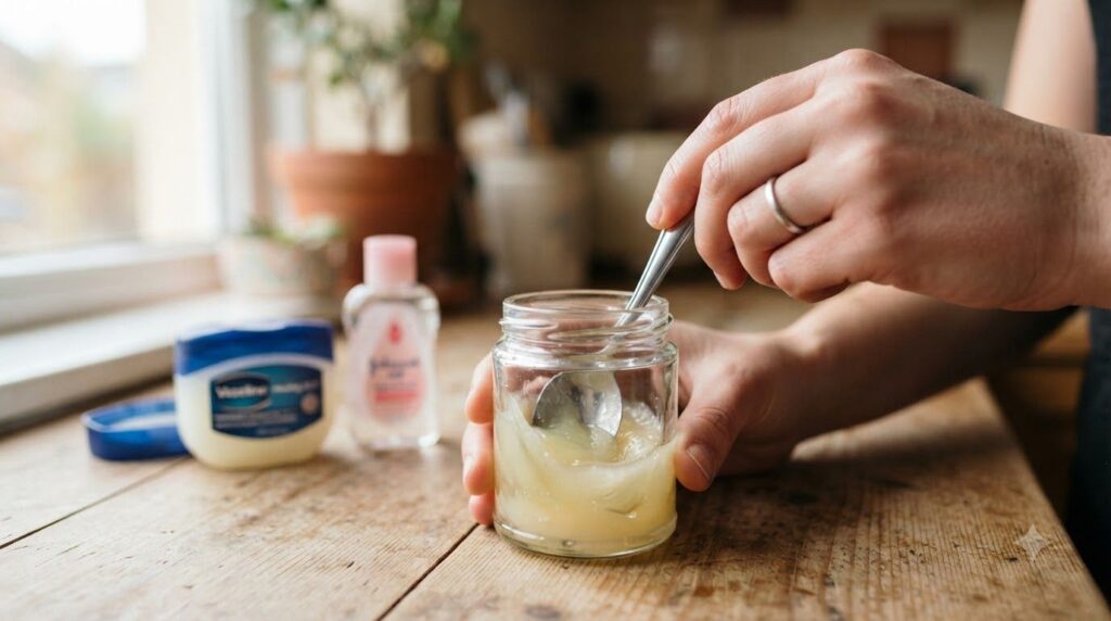Close-up of hands mixing Johnson s baby oil and Vaseline Healing Jelly in a small jar with a spoon