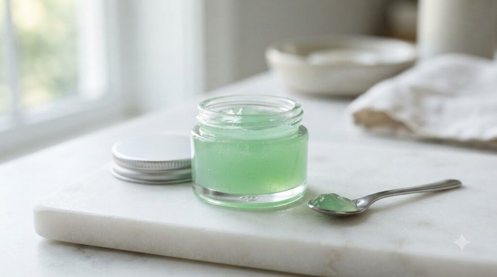 Close-up shot of a small elegant glass jar filled with the finished DIY cucumber aloe vitamin E and Vaseline night gel r
