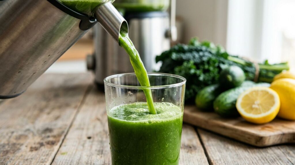 A close-up of vibrant green juice being poured from a juicer into a glass with a backdrop of fresh colorful vegetables a