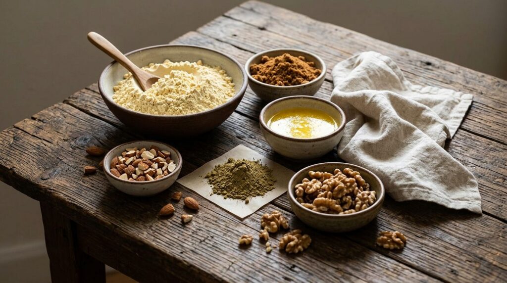 Various Laddu ingredients laid out on a rustic wooden table including gram flour ghee jaggery amla powder almonds and wa