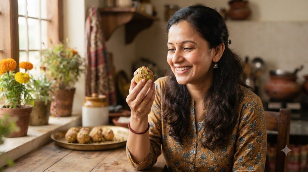 A woman gently holding a freshly made Laddu with soft glowing skin looking happy and healthy