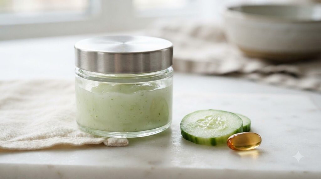 A close-up of the finished homemade cucumber Vaseline and Vitamin E night gel in a small elegant glass jar with a fresh 