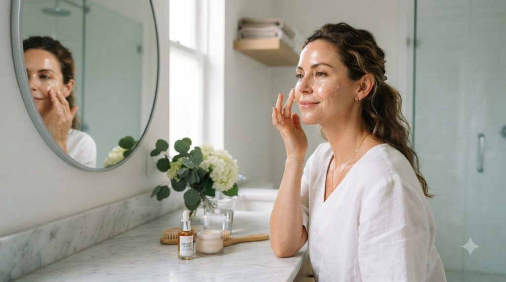 A woman gently applying the homemade flax firming gel to her face with a serene expression in a well-lit bathroom or bed