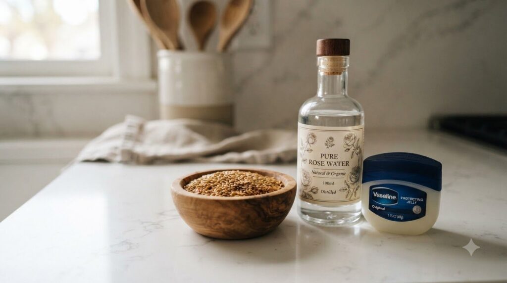 A close-up shot of the three main ingredients a small wooden bowl of flax seeds a clear bottle of pure rose water and a 