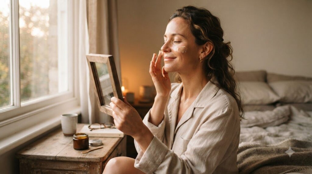 A woman applying the homemade pomegranate and Vaseline night balm to her clean face before bed