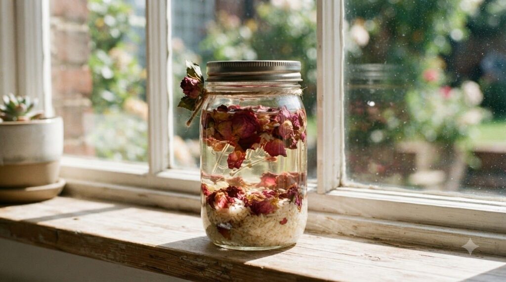 Close-up of a glass jar filled with baby oil rose petals and rice infusing on a sunny windowsill