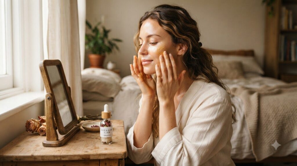 A woman gently massaging a few drops of homemade oil onto her face as part of her nightly skincare routine