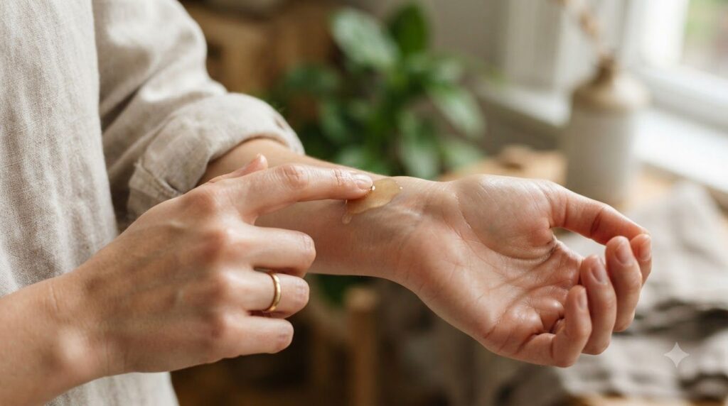 A woman s hand gently applying a few drops of the infused baby oil onto the back of her other hand or wrist The oil appe