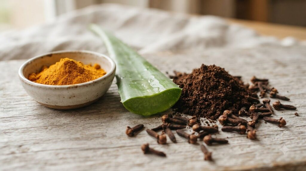 Close-up shot of the raw ingredients a small pile of coffee grounds a scattering of whole cloves a piece of fresh aloe v