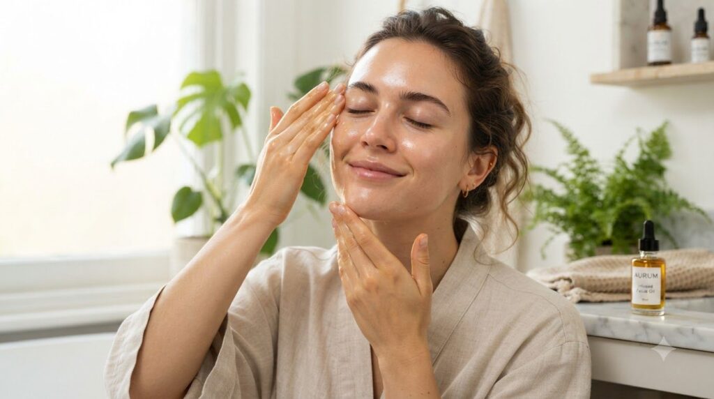 A woman gently massaging a few drops of the golden infused oil onto her clean face focusing on her cheek and forehead He