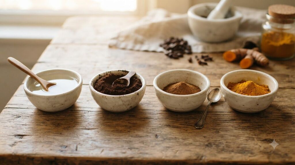 Various small bowls containing the key ingredients baby oil coffee grounds clove powder and turmeric powder neatly arran