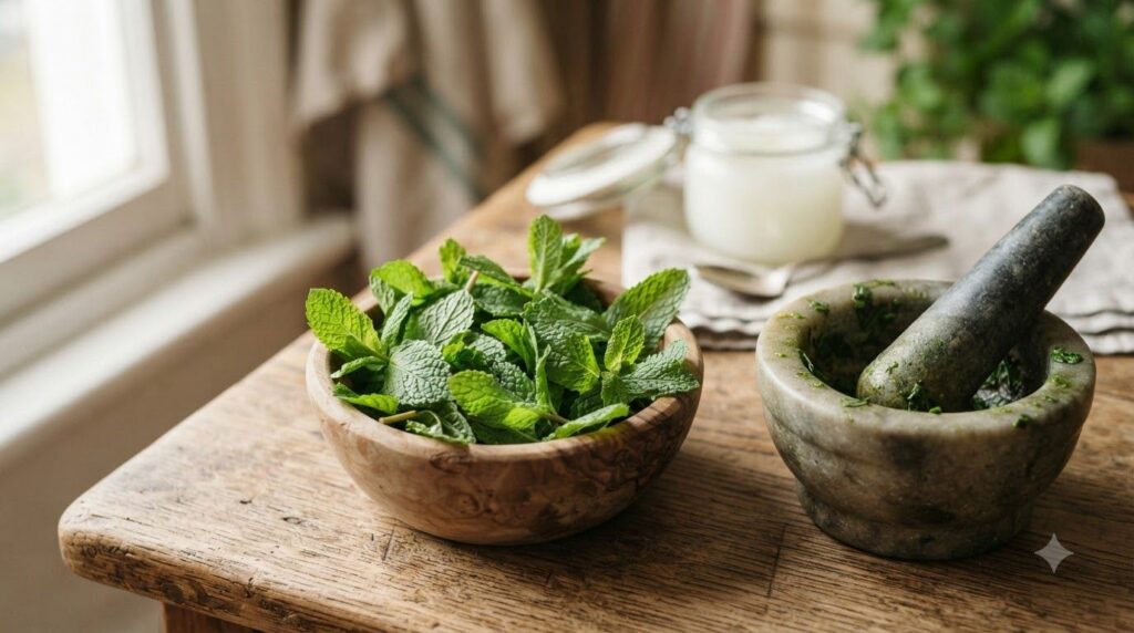Close-up of fresh mint leaves in a wooden bowl with a mortar and pestle next to a small jar of petroleum jelly