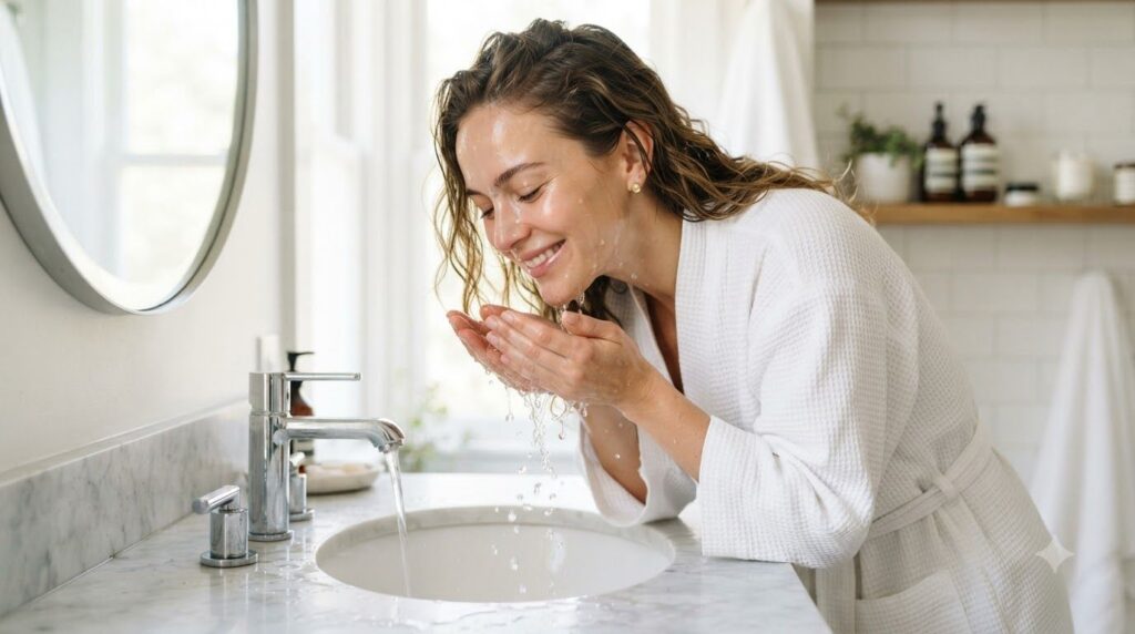 A woman gently rinsing her face with water illustrating the final step of the skincare routine
