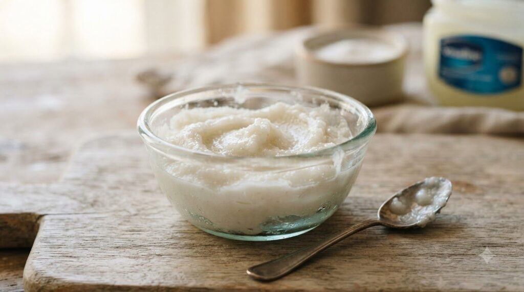 Close-up of a small bowl containing the mixed Vaseline and baking soda paste ready for application