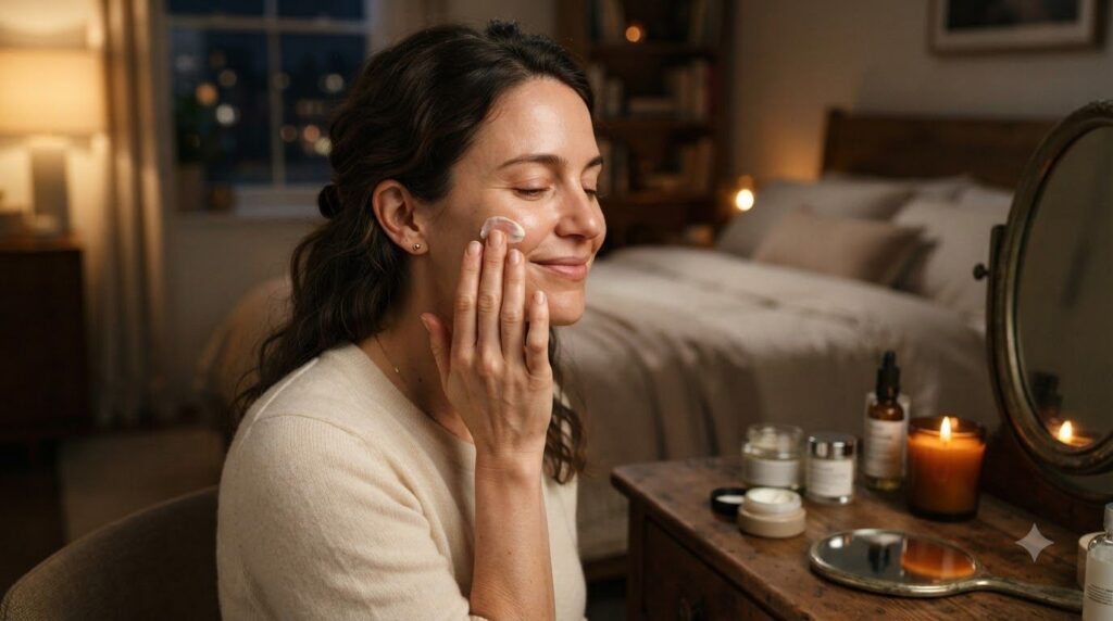 A woman gently applying a homemade night cream to her face before bed with soft serene lighting in her bedroom