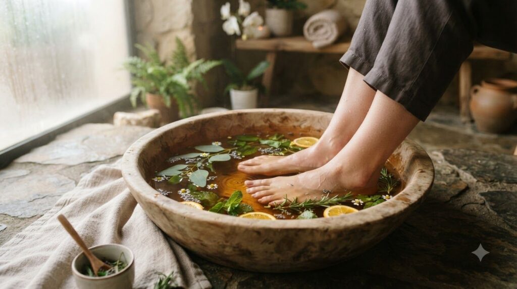 A person s feet soaking in a warm herbal bath in a wooden basin with green leaves visible in the water representing a ca