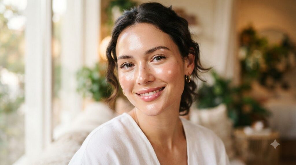 A woman s face after using a brightening face mask showing clear glowing skin