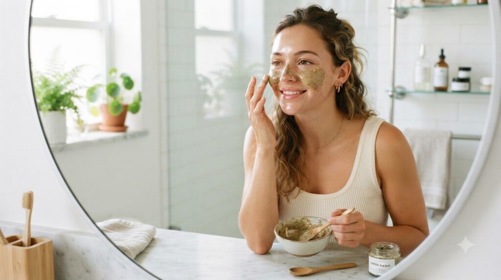 A woman applying a homemade face mask to her clean face