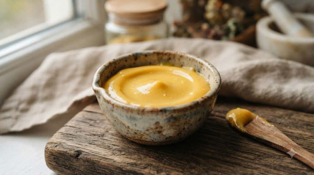 A close-up shot of a small bowl containing the creamy yellow-orange antioxidant balm with the texture visible on a clean