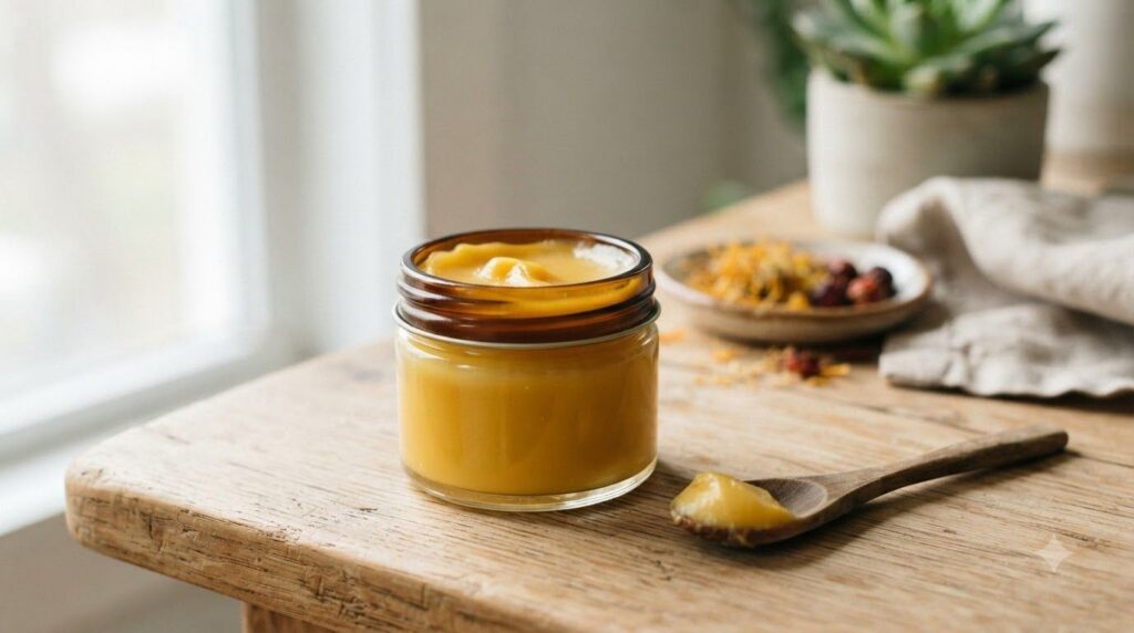 A small glass jar filled with the freshly made yellow-orange antioxidant skin balm with a clean wooden spoon resting bes