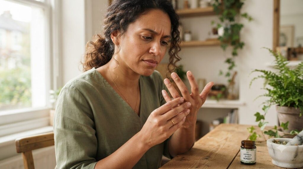 A woman gently inspecting her hand after applying a natural wart remedy showing thoughtful care