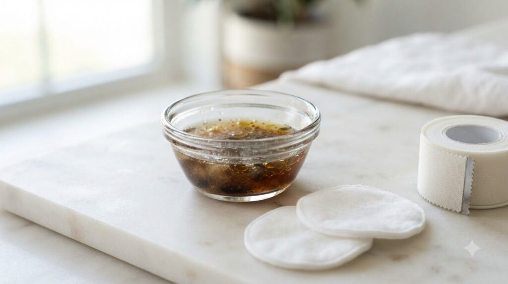 A small bowl with a DIY wart remedy mixture of apple cider vinegar and tea tree oil next to cotton pads and a bandage