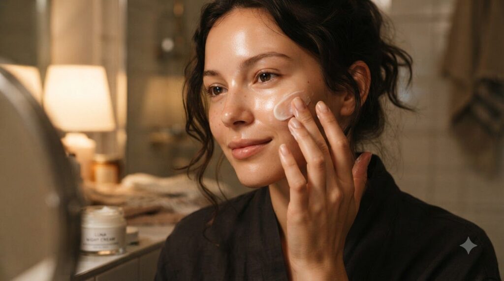 A person gently applying a thin layer of a creamy product to their face as part of a nighttime routine with soft warm li