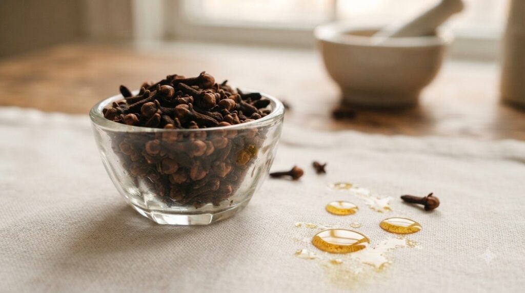 A small glass bowl filled with whole cloves with a few drops of infused oil next to it symbolizing the essence extracted