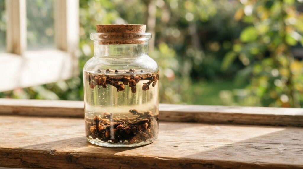 A close-up shot of a glass jar filled with baby oil and whole cloves sitting on a sunlit windowsill The light highlights